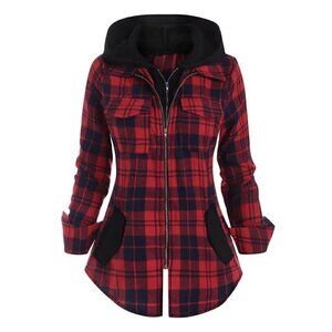 Retro Stage NWOT "1950s Plaid Pocket Hooded Zipper Top" Red M (6) - Hood, Fall